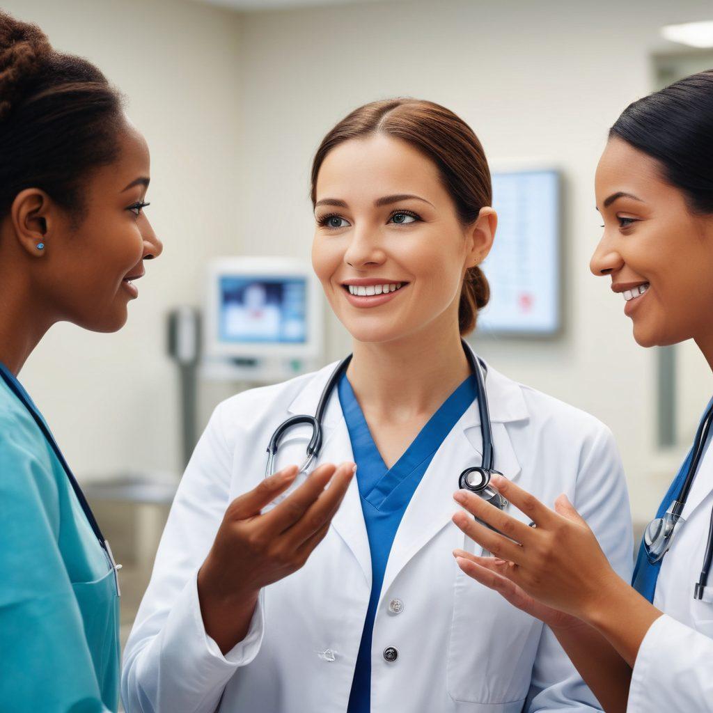 A compassionate patient advocate guiding a diverse group of individuals through a modern healthcare facility. Emphasize the warmth of their interactions, featuring visual elements like health records, digital devices, and a welcoming atmosphere. Include symbols of support, such as helping hands and heart icons. The lighting should be bright and uplifting, conveying hope and empowerment. super-realistic. vibrant colors. white background.