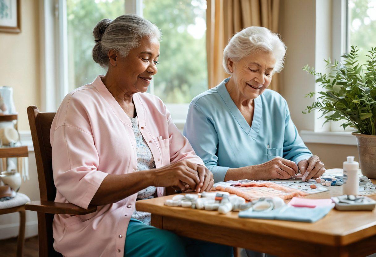 A warm and inviting scene showing a compassionate healthcare worker engaging with an elderly patient, surrounded by symbols of personal care like a pill organizer, a cozy blanket, and rehabilitation tools. In the background, soft pastel colors blend to create a serene atmosphere, highlighting the bond formed through patient advocacy. Incorporate elements like a supportive family member and a beautiful garden view from a window. super-realistic. warm tones. peaceful ambiance.