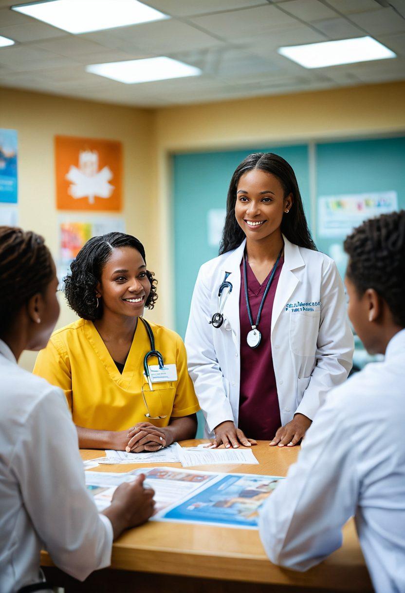 A compassionate patient advocate speaking with a diverse group of patients in a bright hospital setting, surrounded by healthcare resources like brochures, medical equipment, and charts. Display an atmosphere of support and understanding, with a focus on communication and teamwork. Soft, warm lighting enhancing the feeling of care and hope. super-realistic. vibrant colors.
